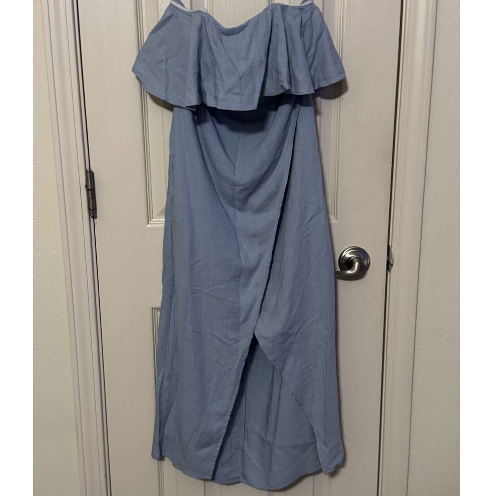 Lena Blue Linen Blend Off Shoulder Ruffle Tulip Maxi Dress‎ D2462 Small o2